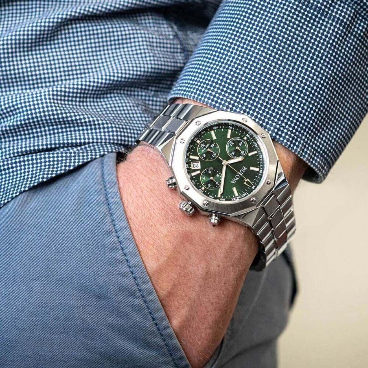 BULOVA Precisionist Chronograph Green Dial 44mm Silver Stainless Steel Bracelet 96B409 - 