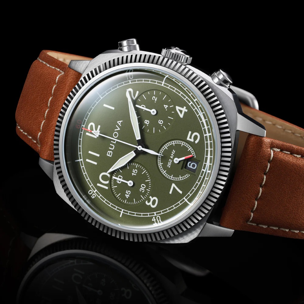 BULOVA Military Chronograph Precisionist Green Dial 42.5mm Silver Stainless Steel Brown Leather Strap 96B482 - 
