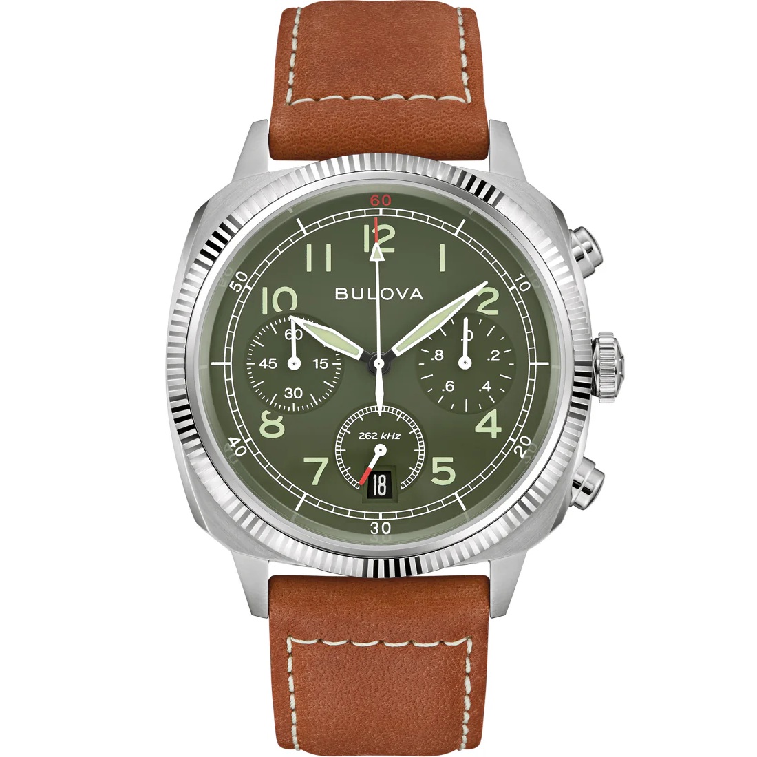 BULOVA Military Chronograph Precisionist Green Dial 42.5mm Silver Stainless Steel Brown Leather Strap 96B482 - 