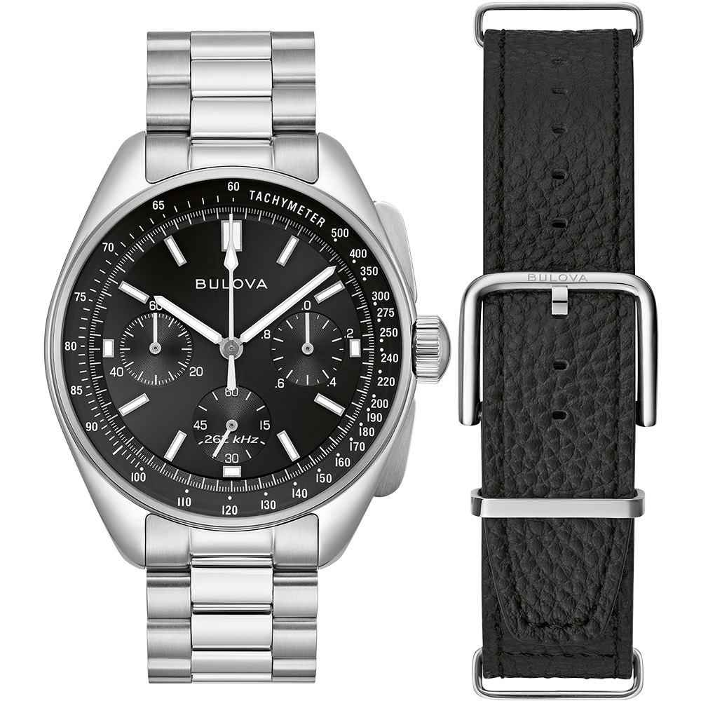 BULOVA Lunar Pilot Chronograph Box Set Black Dial 43.5mm Silver Stainless Steel Bracelet with Extra Black Nato Strap 96K111 - 4
