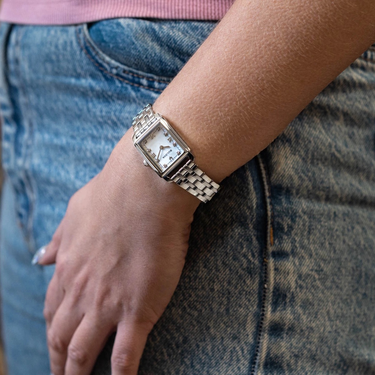 BULOVA Sutton White Pearl Dial with Diamonds 21×33mm Silver Stainless Steel Bracelet 96P244 - 3