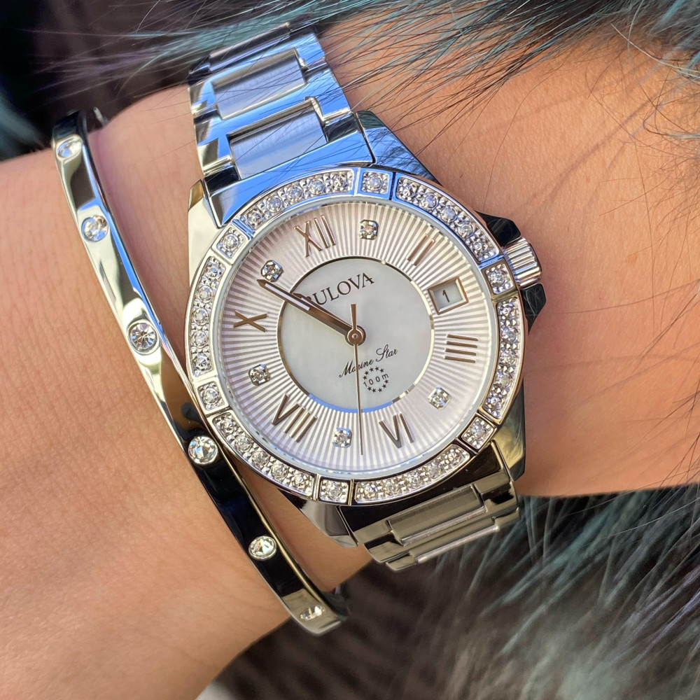BULOVA Marine Star Diamonds White Pearl Dial 32mm Silver Stainless Steel Bracelet 96R232 - 