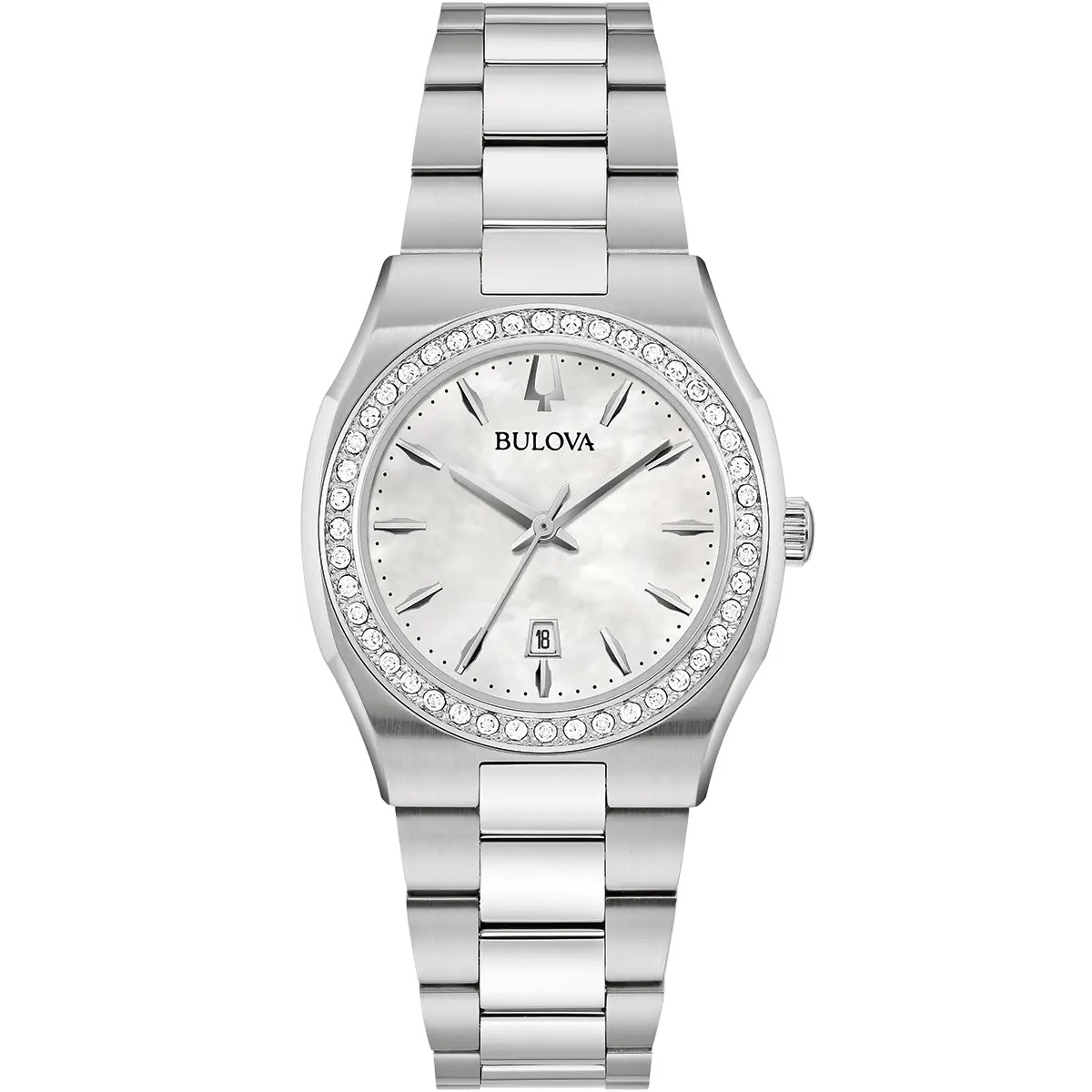 BULOVA Surveyor Diamonds White Pearl Dial 31mm Silver Stainless Steel Bracelet 96R245 - 