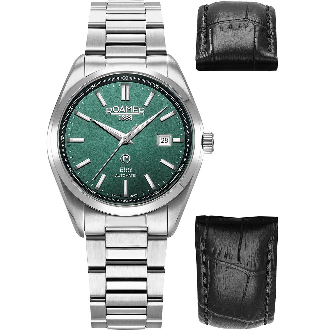 ROAMER Elite Automatic Green Dial 42mm Silver Stainless Steel Bracelet Box Set with Black Leather Strap 970983-41-75-20 - 