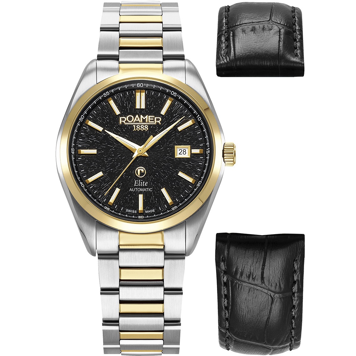ROAMER Elite Automatic Black Dial 42mm Two Tone Gold Stainless Steel Bracelet Box Set with Black Leather Strap 970983-47-85-20 - 