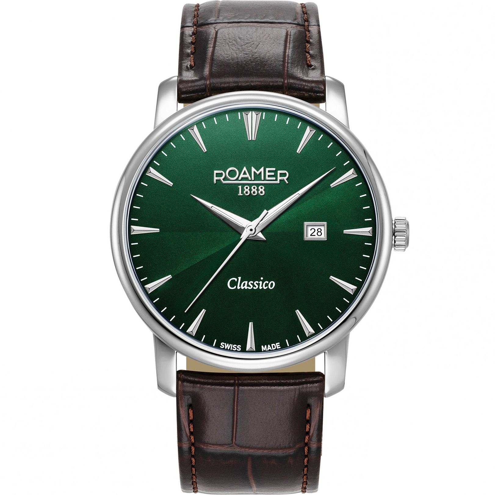 ROAMER Classico Gents Green Dial 40mm Silver Stainless Steel Brown Leather Strap 971856-41-75-05 - 