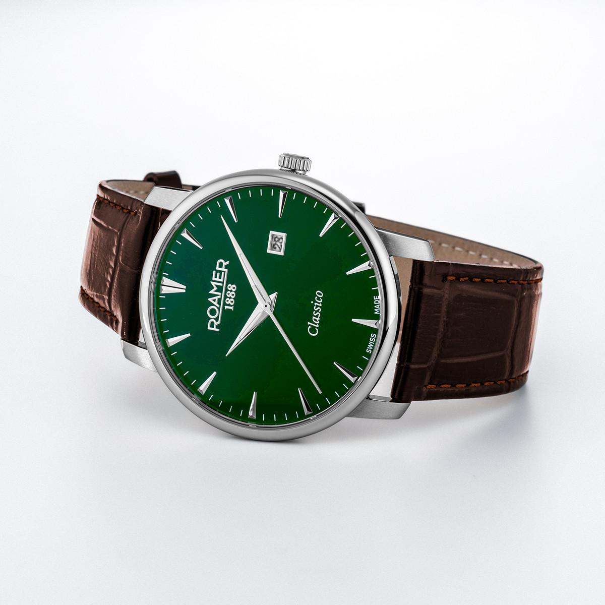 ROAMER Classico Gents Green Dial 40mm Silver Stainless Steel Brown Leather Strap 971856-41-75-05 - 