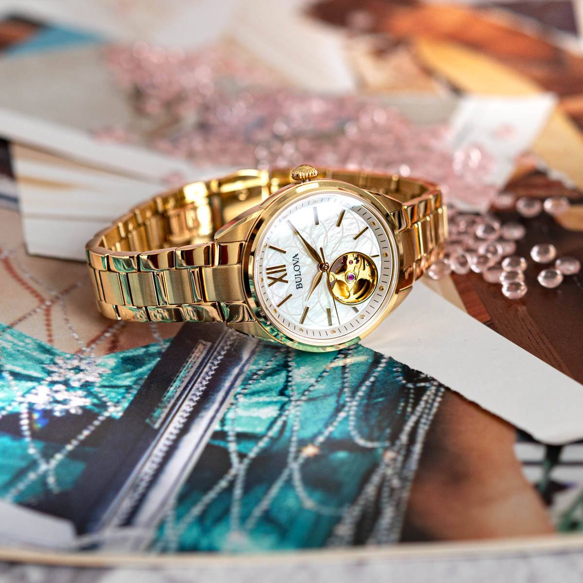 BULOVA Sutton Open Aperture Automatic White Pearl Dial 34.5mm Gold Stainless Steel Bracelet 97L172 - 5