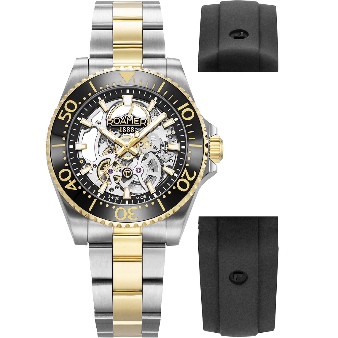 ROAMER Premier Skeleton Limited Silver Dial 42mm Box Set Two Tone Gold Stainless Steel Bracelet with Extra Rubber Strap 986984-47-85-21 - 