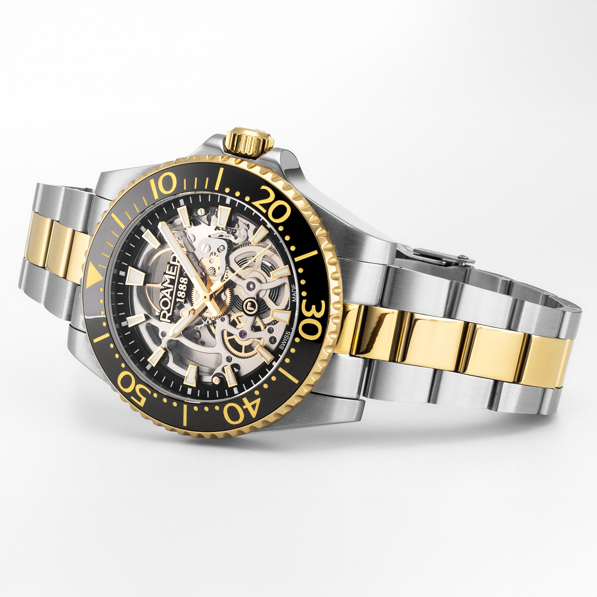 ROAMER Premier Skeleton Limited Silver Dial 42mm Box Set Two Tone Gold Stainless Steel Bracelet with Extra Rubber Strap 986984-47-85-21 - 