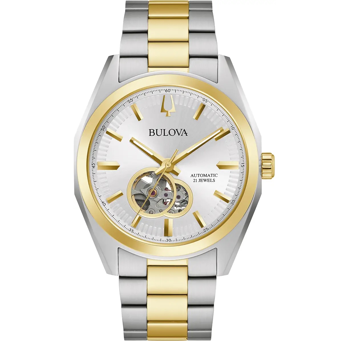 BULOVA Surveyor Open Aperture Automatic Silver Dial 42mm Two Tone Gold Stainless Steel Bracelet 98A284 - 
