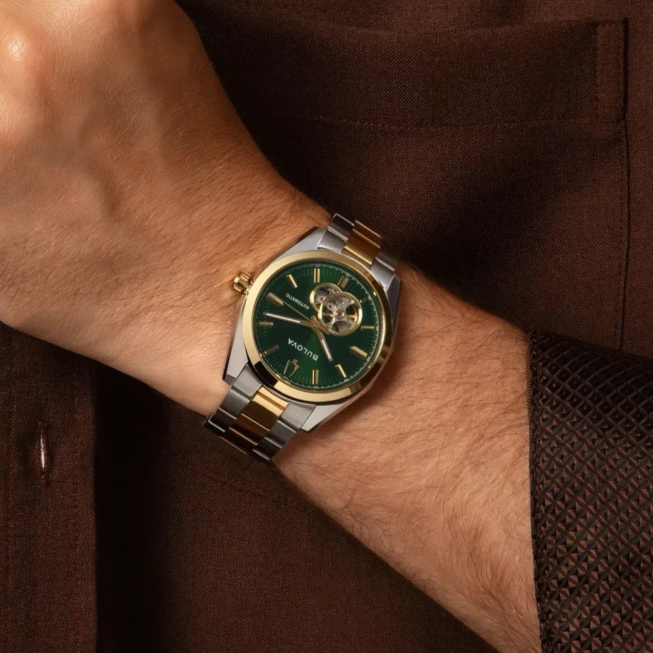 BULOVA Surveyor Open Aperture Automatic Green Dial 39mm Two Tone Gold Stainless Steel Bracelet 98A338 - 
