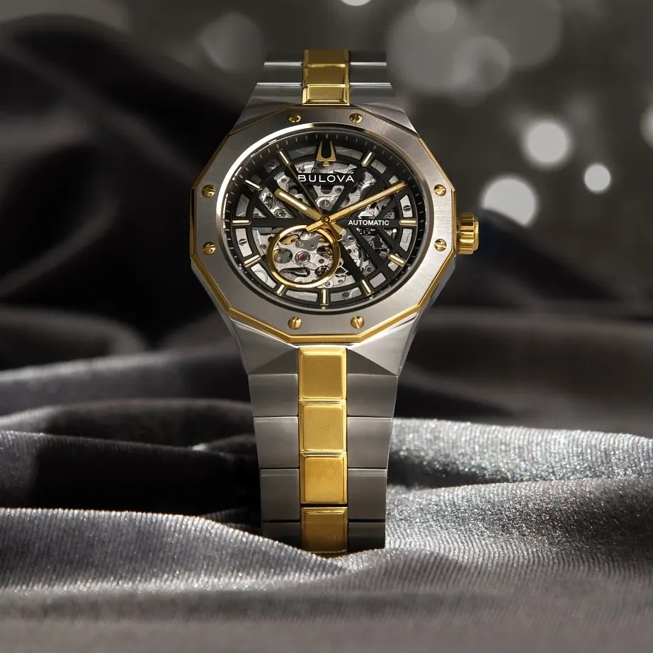 BULOVA Prestige Skeleton Automatic Black Dial 42mm Two Tone Gold Stainless Steel Bracelet 98A339 - 5