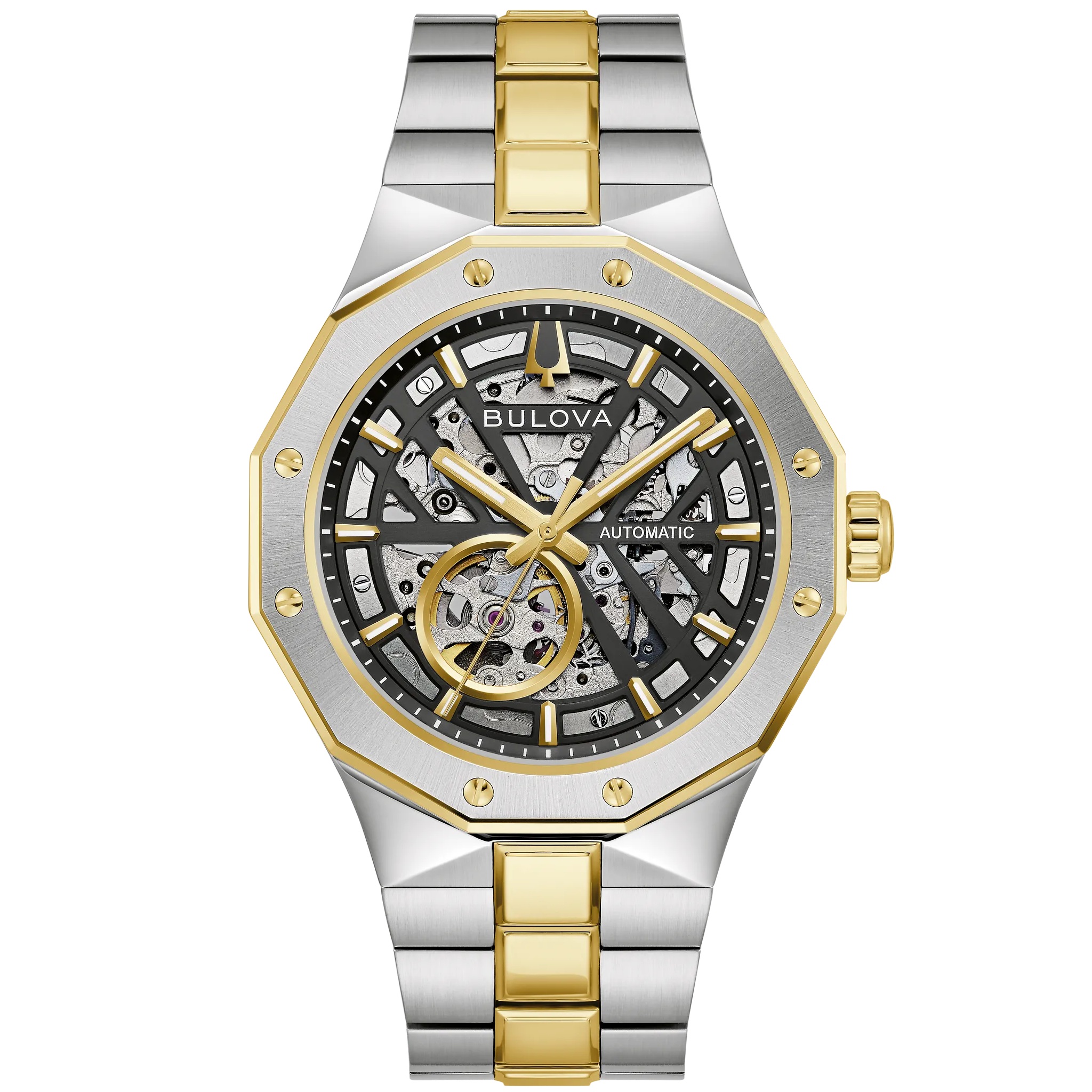 BULOVA Prestige Skeleton Automatic Black Dial 42mm Two Tone Gold Stainless Steel Bracelet 98A339 - 