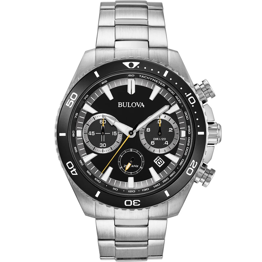 BULOVA High Precision Quartz Chronograph Black Dial 44mm Silver Stainless Steel Bracelet 98B298 - 