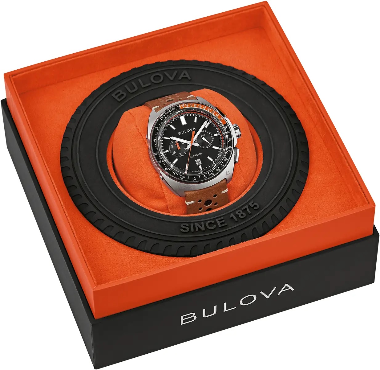 BULOVA Racer Chronograph Black Dial 42mm Silver Stainless Steel Brown Leather Strap 98B427 - 9