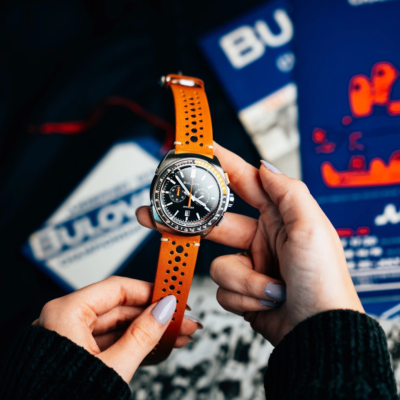 BULOVA Racer Chronograph Black Dial 42mm Silver Stainless Steel Brown Leather Strap 98B427 - 3