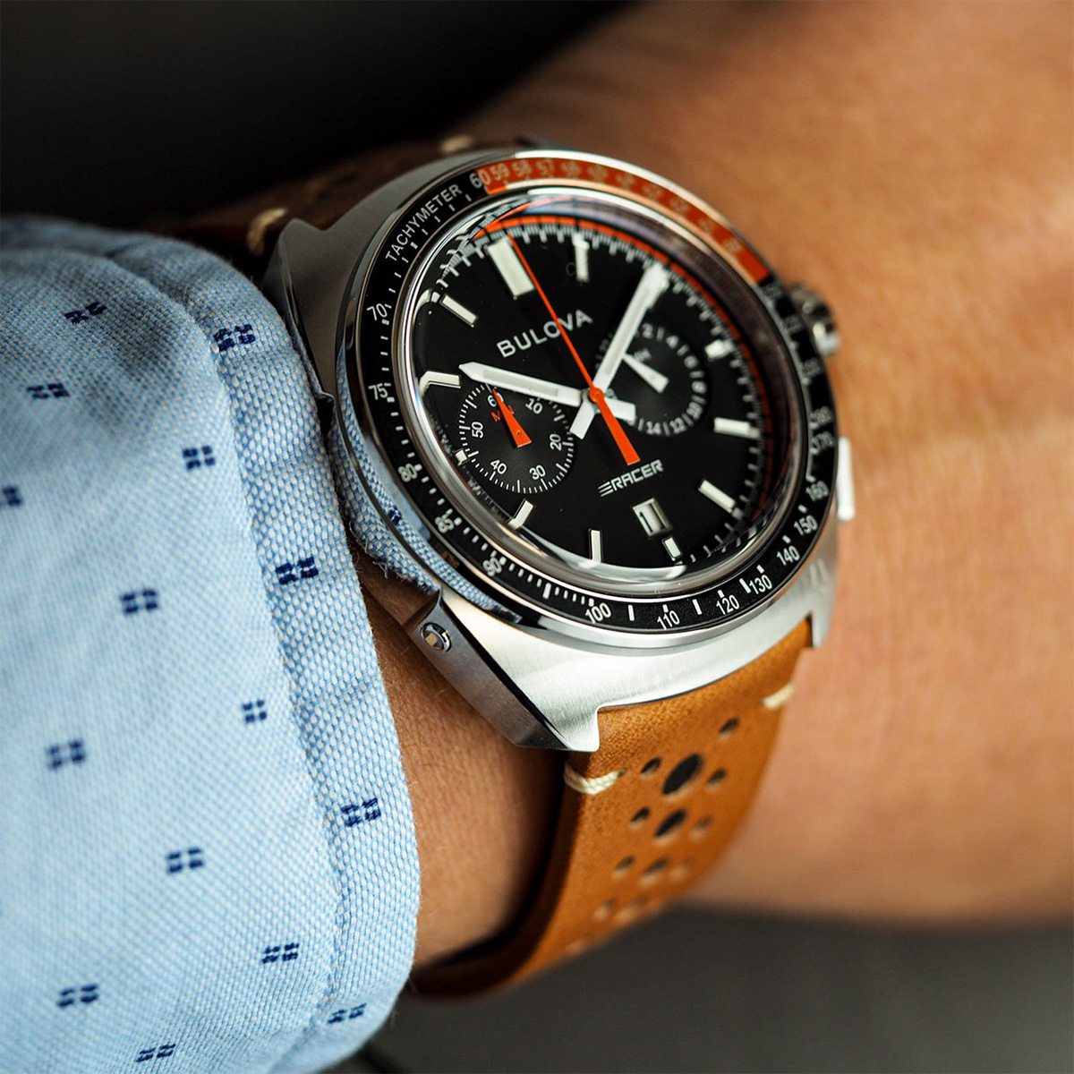 BULOVA Racer Chronograph Black Dial 42mm Silver Stainless Steel Brown Leather Strap 98B427 - 