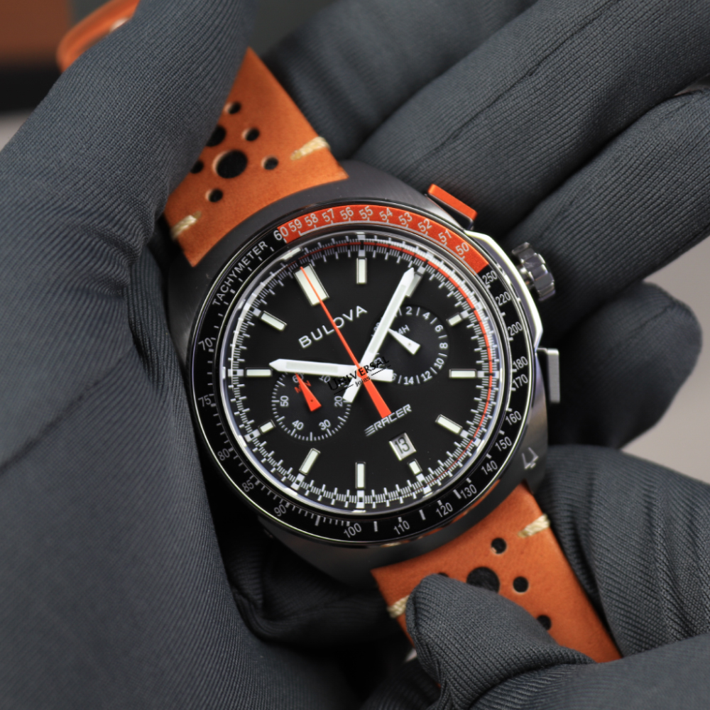 BULOVA Racer Chronograph Black Dial 42mm Silver Stainless Steel Brown Leather Strap 98B427 - 6