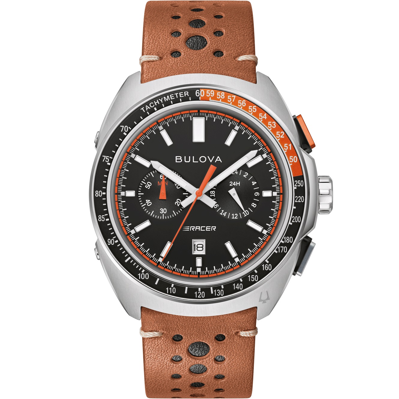 BULOVA Racer Chronograph Black Dial 42mm Silver Stainless Steel Brown Leather Strap 98B427 - 