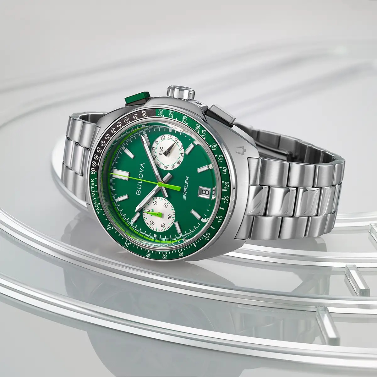 BULOVA Racer Chronograph Green Dial 42mm Silver Stainless Steel Bracelet 98B468 - 5