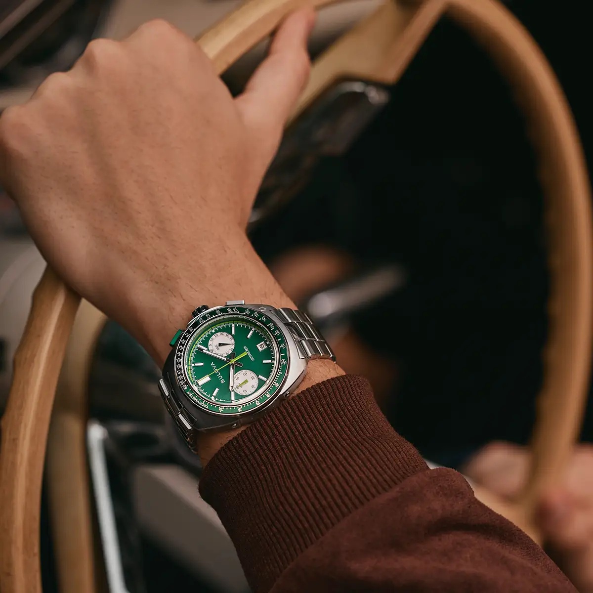 BULOVA Racer Chronograph Green Dial 42mm Silver Stainless Steel Bracelet 98B468 - 