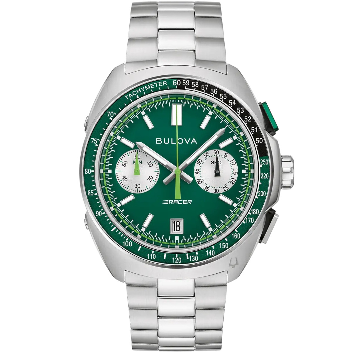 BULOVA Racer Chronograph Green Dial 42mm Silver Stainless Steel Bracelet 98B468 - 