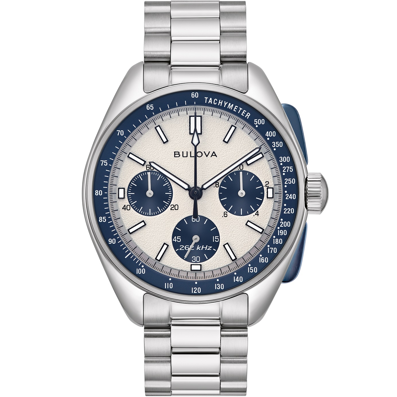 BULOVA Lunar Pilot Chronograph Box Set White Blue Dial 43.5mm Silver Stainless Steel Bracelet with Extra Blue Nato Strap 98K112 - 