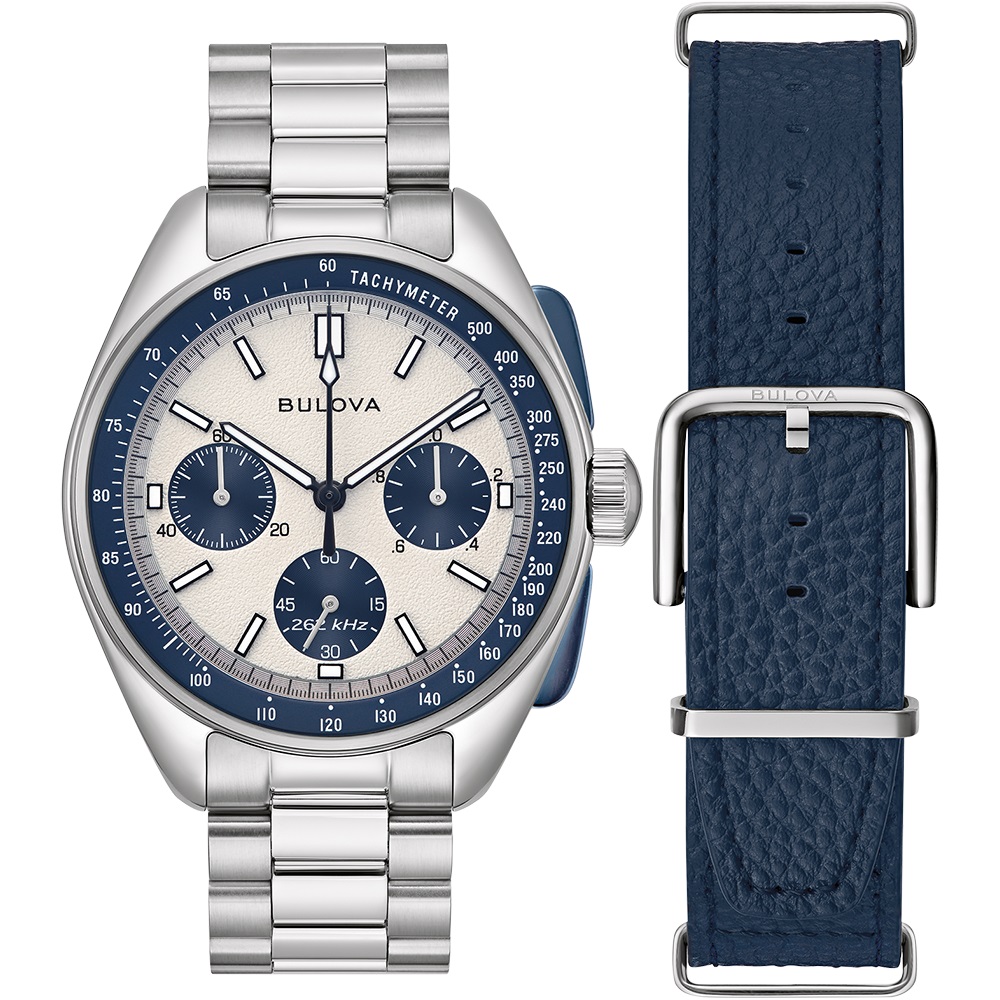 BULOVA Lunar Pilot Chronograph Box Set White Blue Dial 43.5mm Silver Stainless Steel Bracelet with Extra Blue Nato Strap 98K112 - 4