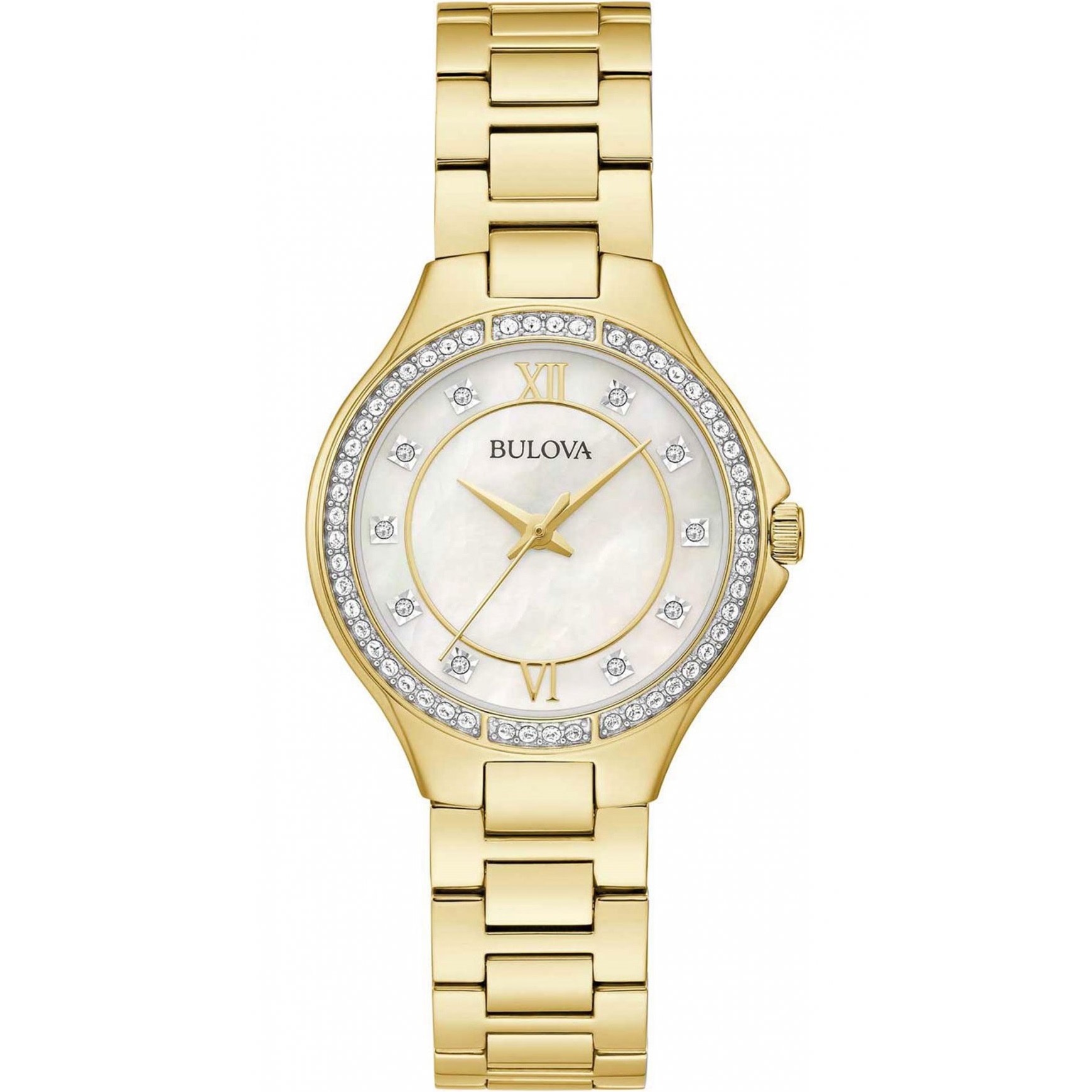 BULOVA Crystal Swarovski White Pearl Dial 30mm Gold Stainless Steel Bracelet 98L295 - 