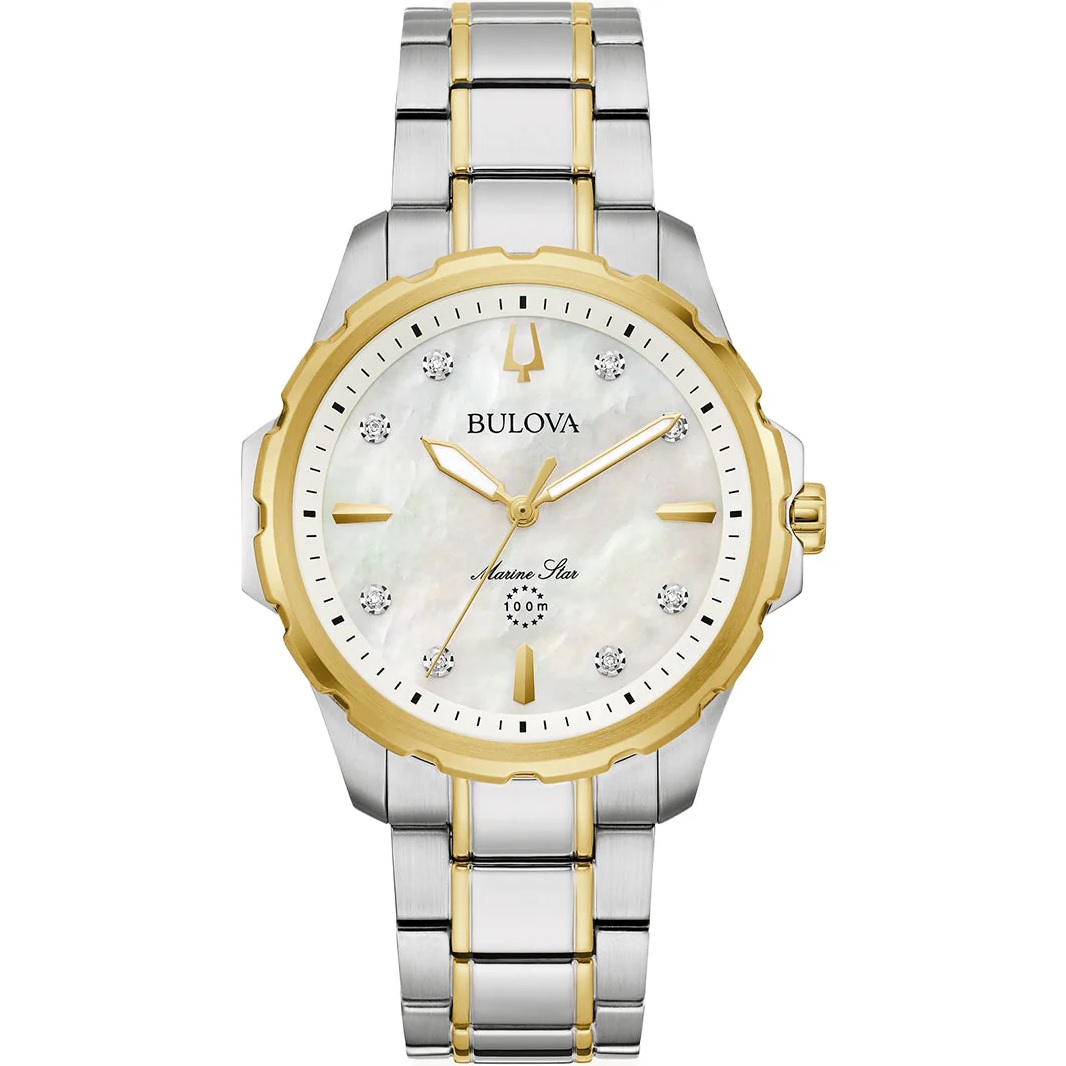BULOVA Marine Star White Pearl Dial with Diamonds 36mm Two Tone Gold Stainless Steel Bracelet 98P227 - 