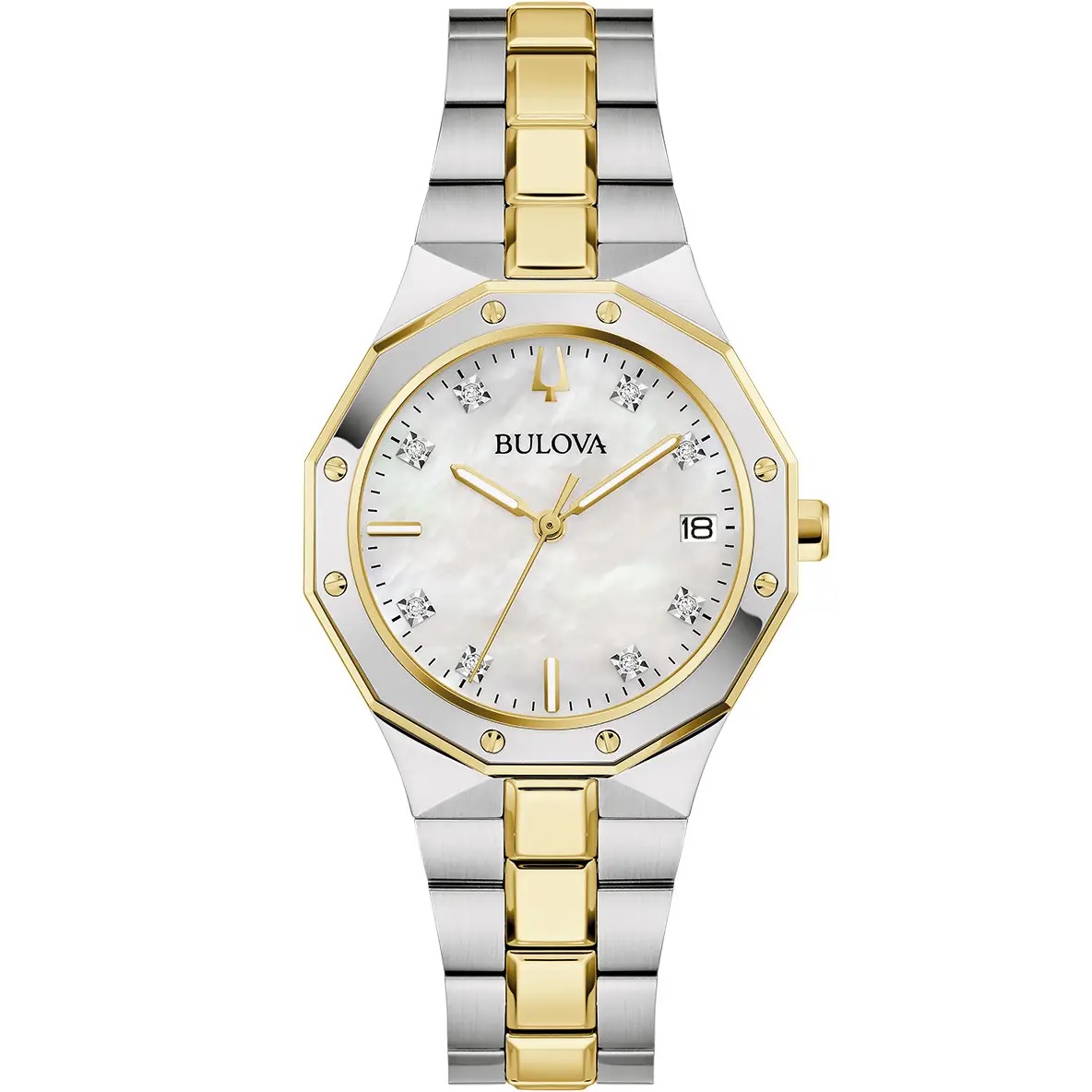 BULOVA Prestige White Pearl Dial with Diamonds 32mm Two Tone Gold Stainless Steel Bracelet 98P234 - 