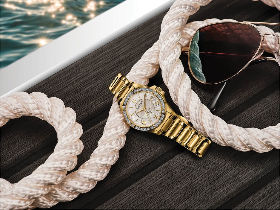 BULOVA Marine Star Diamonds White Pearl Dial 32mm Gold Stainless Steel Bracelet 98R235 - 5