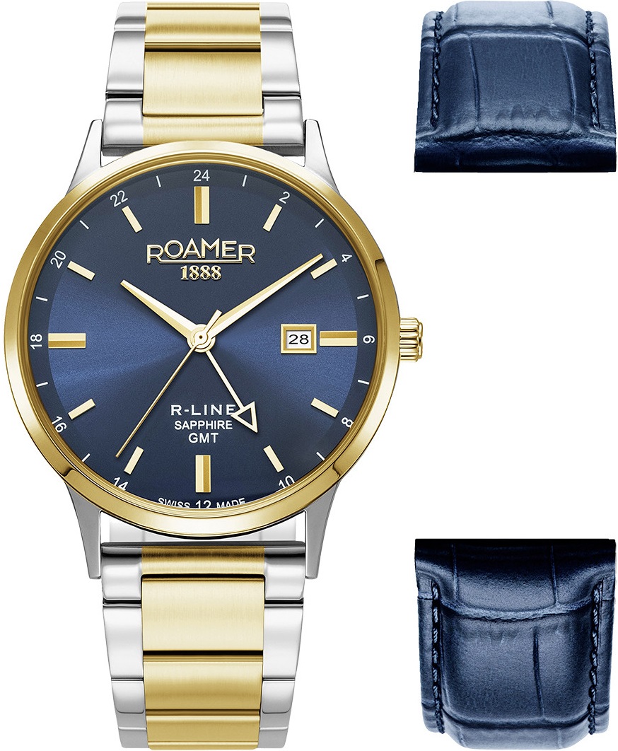 ROAMER R-Line GMT Box Set Blue Dial 43mm Two Tone Gold Stainless Steel Bracelet 990987-47-45-05 - 