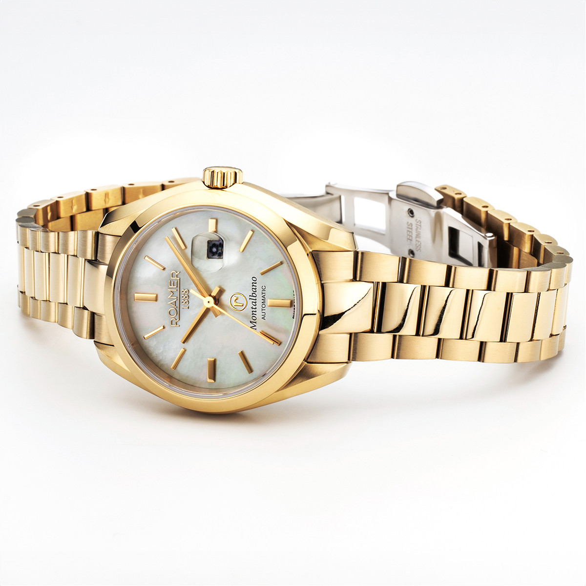 ROAMER Montalbano Ladies Automatic Yellow Pearl Dial 31mm Gold Stainless Steel Bracelet 996990-48-30-20 - 