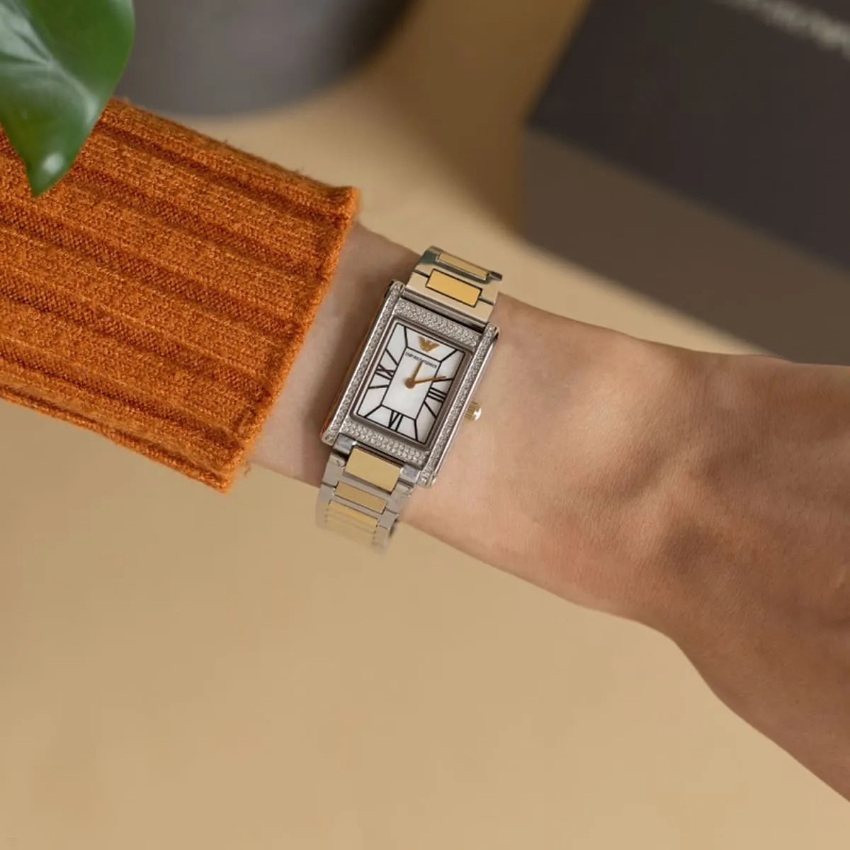 EMPORIO ARMANI Genni Crystals White Pearl Dial 22mm Two Tone Gold Stainless Steel Bracelet AR11642 - 