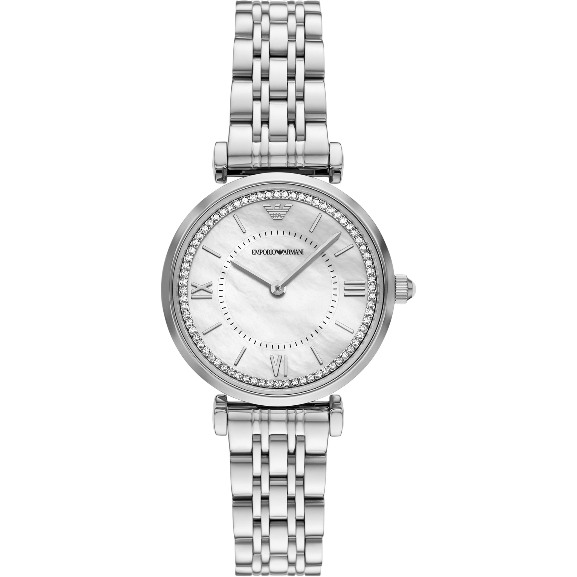 EMPORIO ARMANI Gianni T-Bar White Pearl Dial with Crystals 32mm Silver Stainless Steel Bracelet AR11701 - 