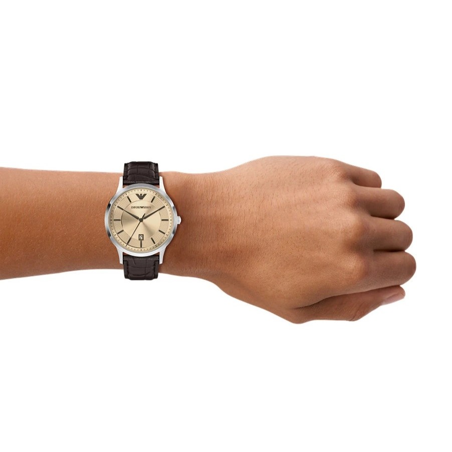 EMPORIO ARMANI Archetipo Champagne Dial 43mm Silver Stainless Steel Brown Leather Strap AR11783 - 