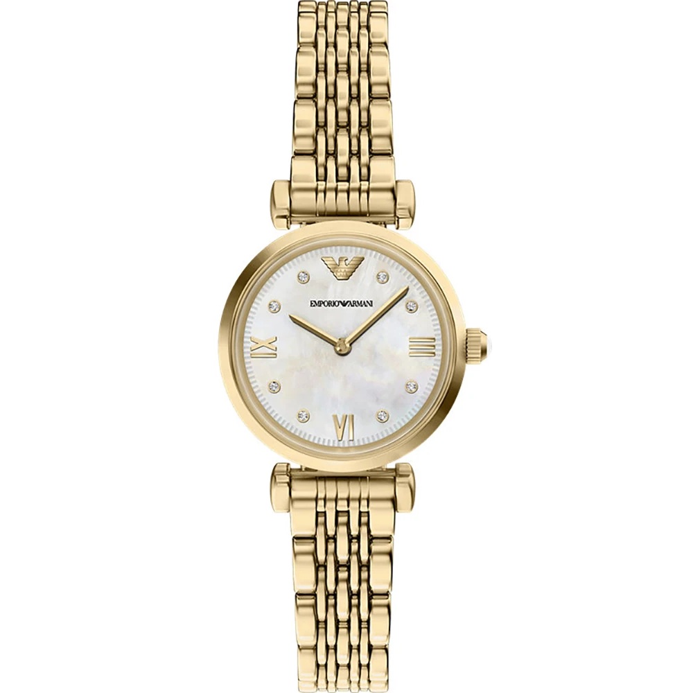EMPORIO ARMANI Gianni T-Bar White Pearl Dial with Crystals 28mm Gold Stainless Steel Bracelet AR11806 - 