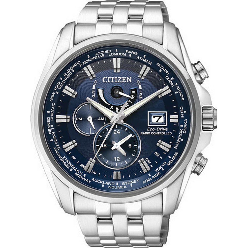 CITIZEN Eco-Drive Radio Controlled Multifunction Blue Dial 44mm Silver Stainless Steel Bracelet AT9030-55L - 