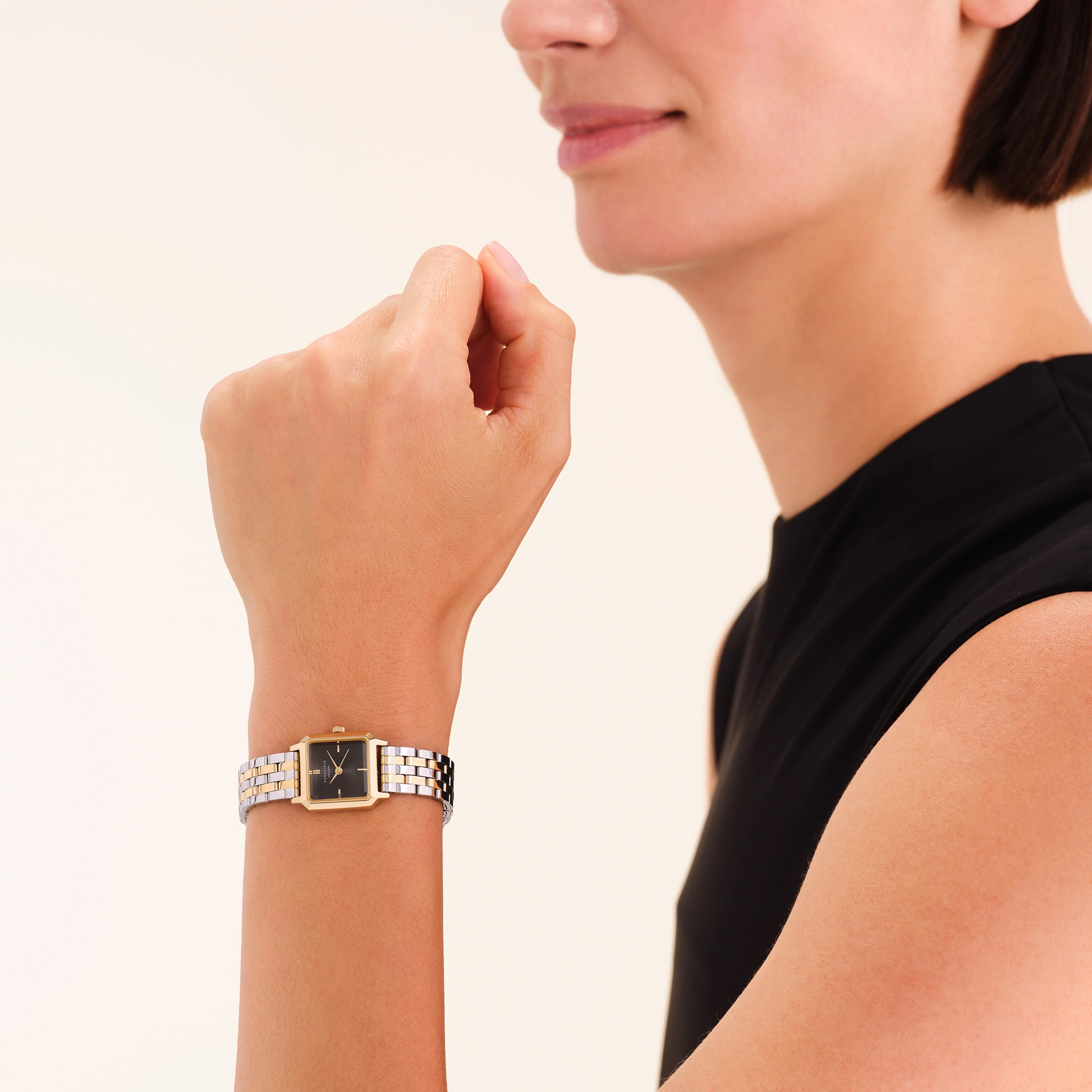 ROSEFIELD The Boxelle Black Matte Dial 19.5 x 19.5mm Two Tone Silver & Gold Stainless Steel Bracelet BBDSG-B07 - 3