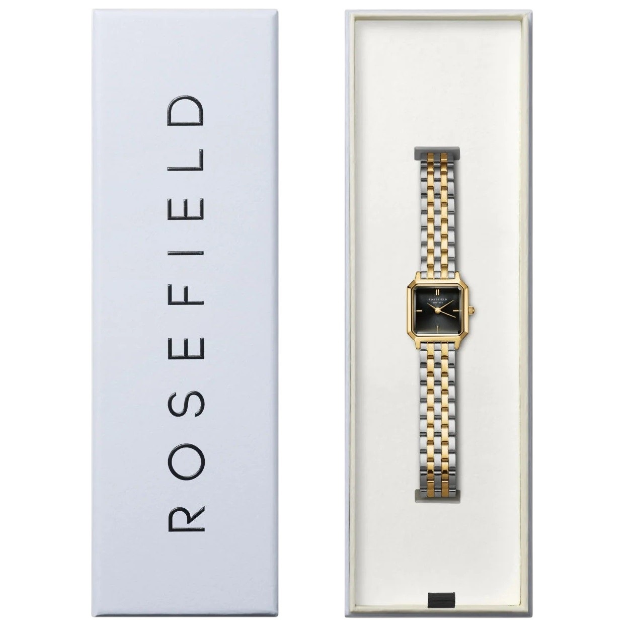 ROSEFIELD The Boxelle Black Matte Dial 19.5 x 19.5mm Two Tone Silver & Gold Stainless Steel Bracelet BBDSG-B07 - 4