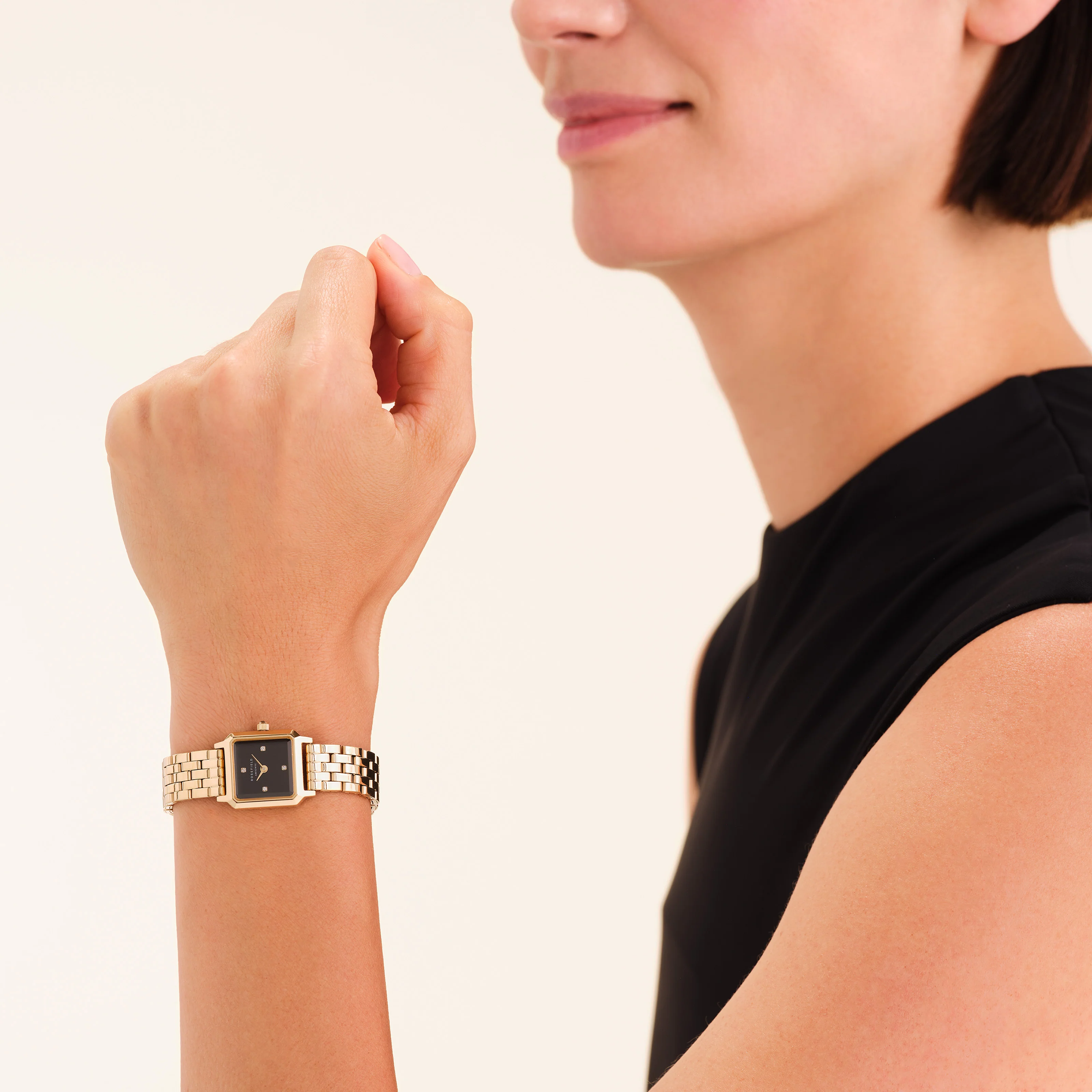 ROSEFIELD The Boxelle Black Dial 19.5 x19.5mm Gold Stainless Steel Bracelet BBGSG-B08 - 