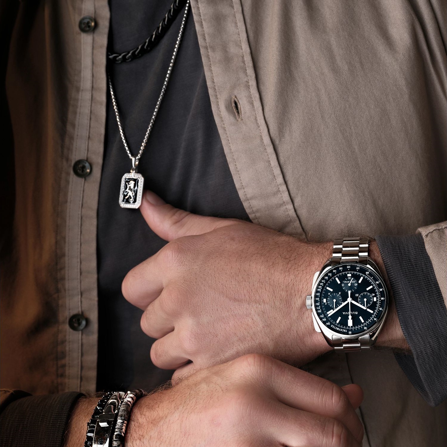 BULOVA Lunar Pilot Chronograph Box Set Black Dial 43.5mm Silver Stainless Steel Bracelet with Extra Black Nato Strap 96K111 - 