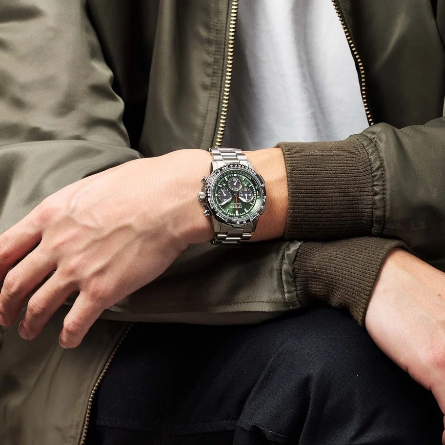 CITIZEN Promaster Sky Eco-Drive Chronograph Green Dial 40mm Silver Stainless Steel Bracelet CA4664-60W - 