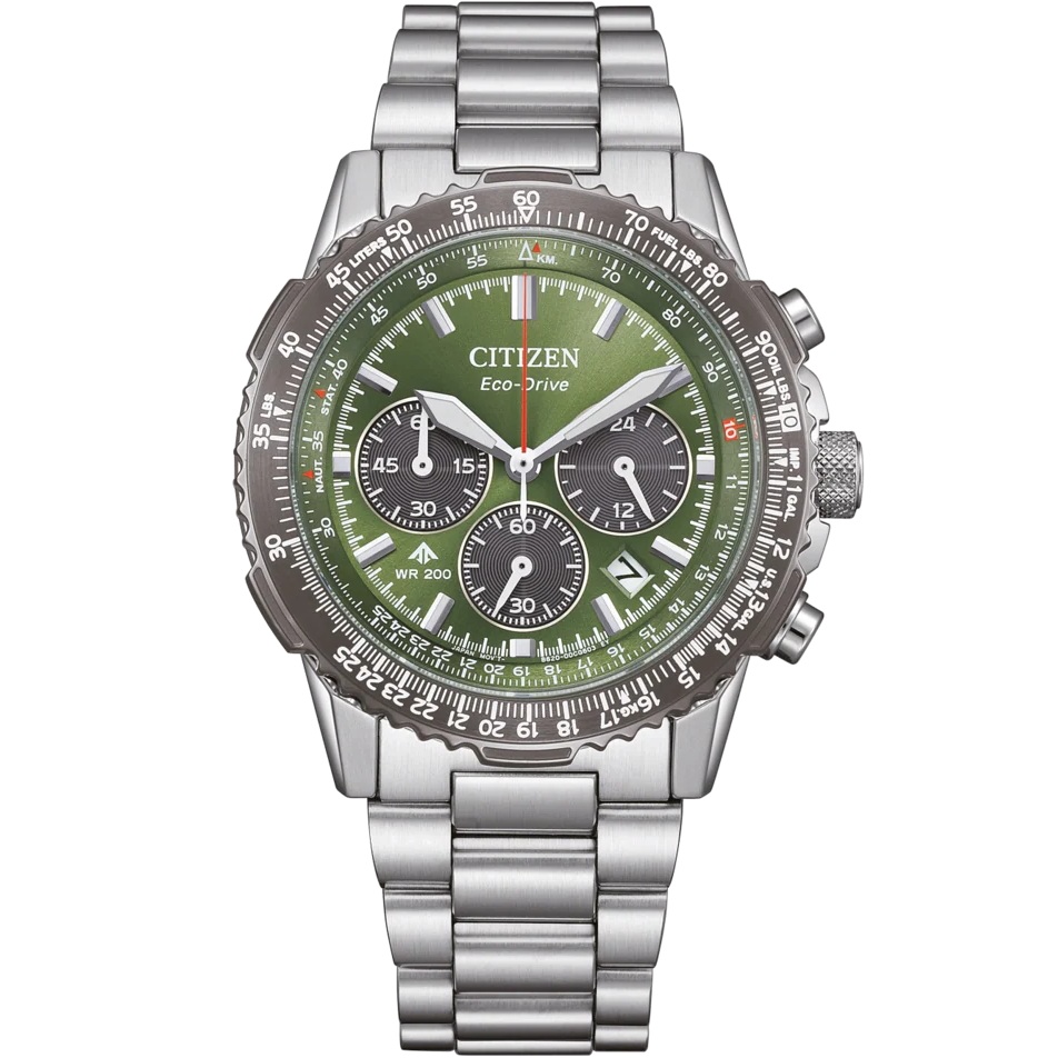 CITIZEN Promaster Sky Eco-Drive Chronograph Green Dial 40mm Silver Stainless Steel Bracelet CA4664-60W - 