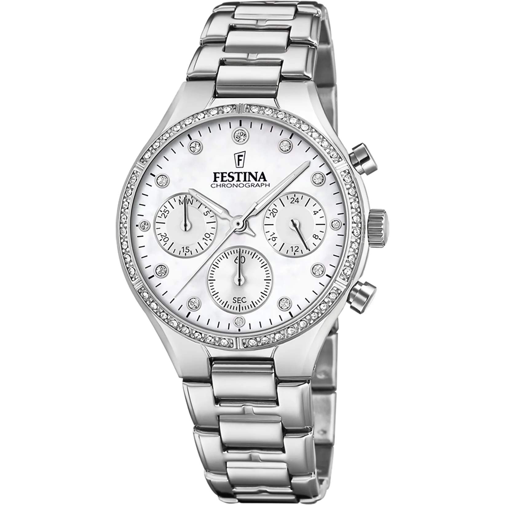 FESTINA Boyfriend Crystals Chronograph White Pearl Dial 36mm Silver Stainless Steel Bracelet F20401/1 - 
