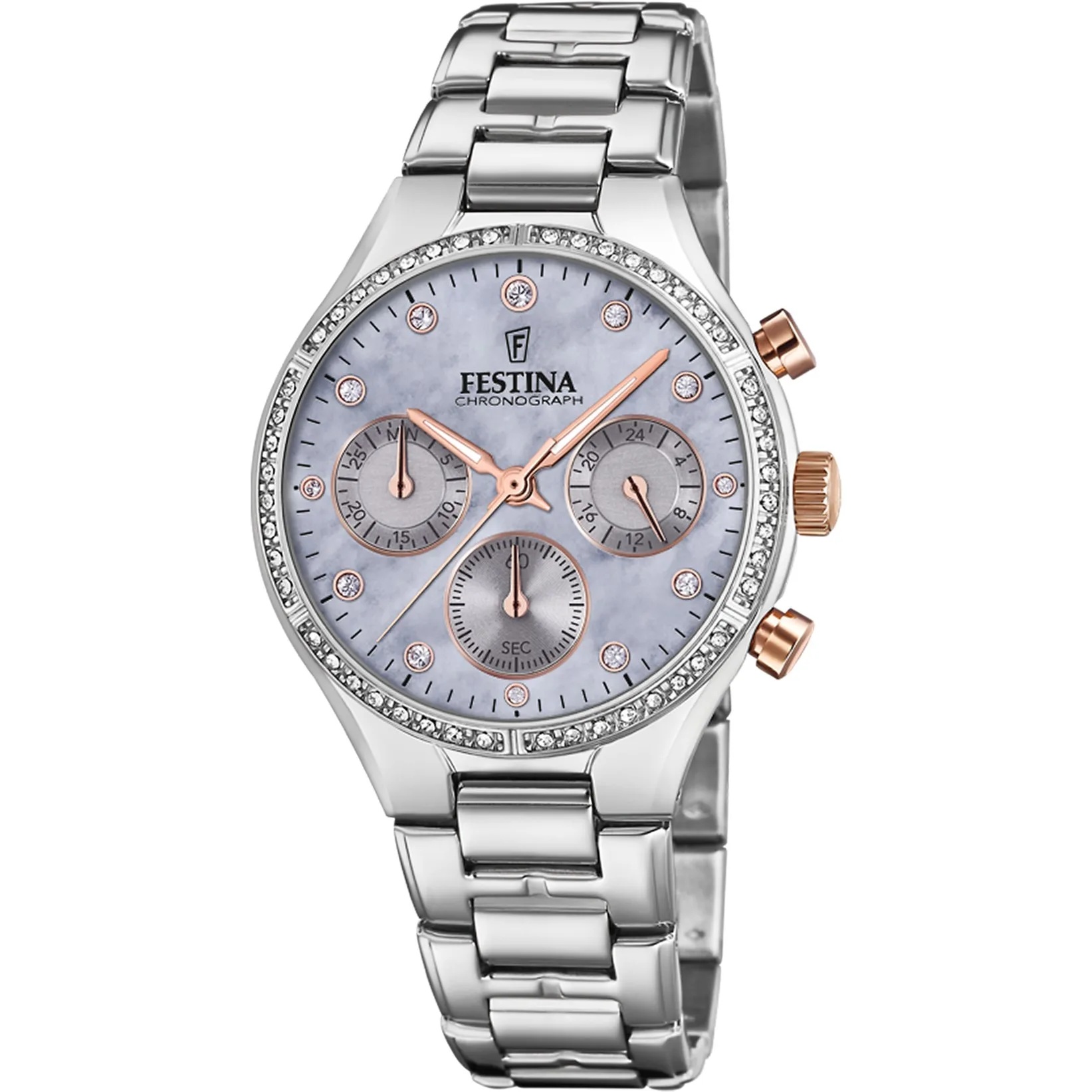 FESTINA Boyfriend Crystals Chronograph Blue Pearl Dial 36mm Silver Stainless Steel Bracelet F20401/3 - 