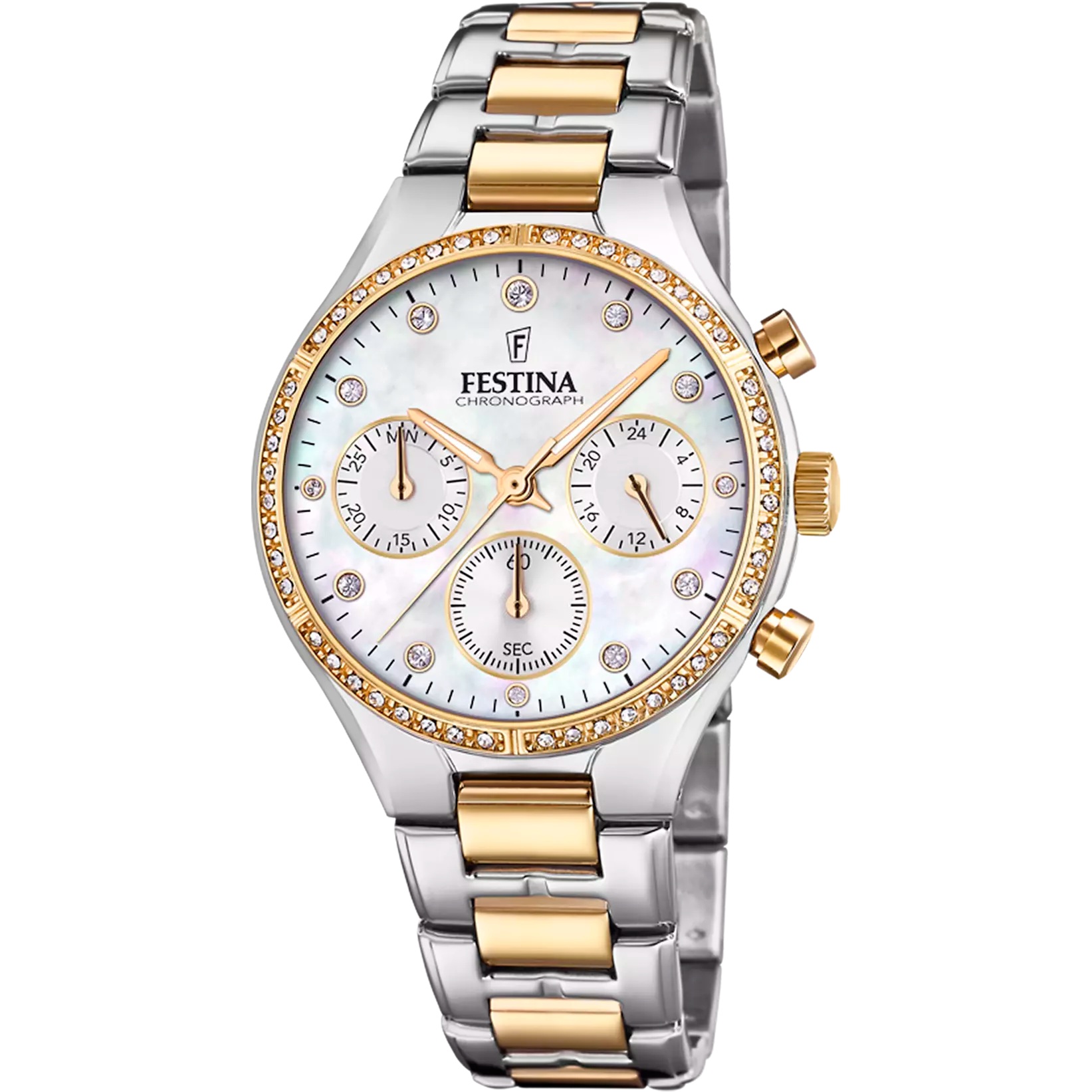 FESTINA Boyfriend Crystals Chronograph White Pearl Dial 36mm Two Tone Gold Stainless Steel Bracelet F20402/1 - 
