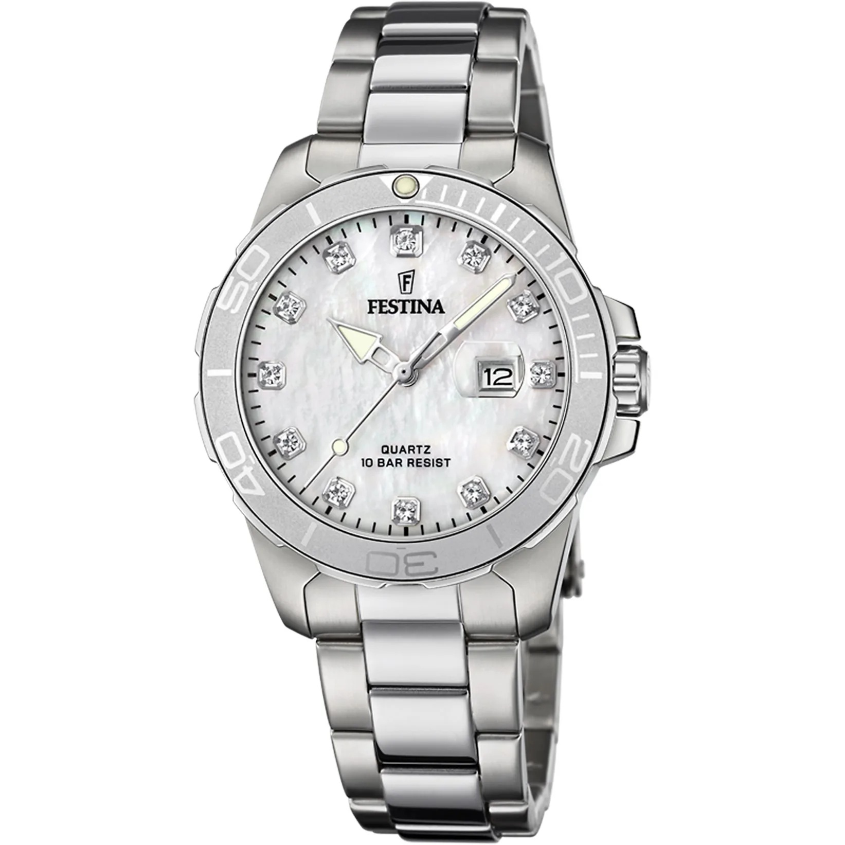FESTINA Boyfriend Crystals White Pearl Dial 34.5mm Silver Stainless Steel Bracelet F20503/1 - 